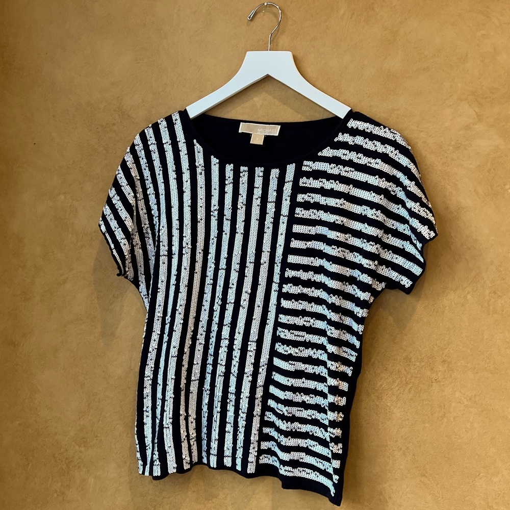 Michael Kors Tee Short Sleeve Sequin Stripe Top